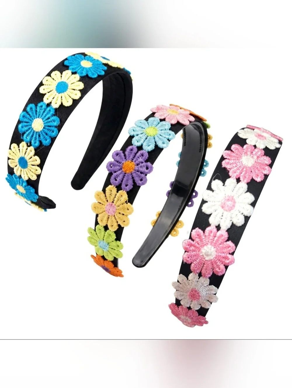 Boho Floral Embroidered 3pc. Daisy Headbands- Women's Hair Accessory